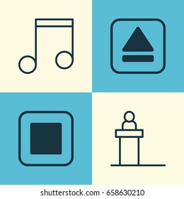 Music Icons Set. Collection Of Note, Rostrum, Stop Button And Other Elements. Also Includes Symbols Such As Extract, Button, Scene.