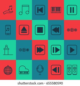 Music Icons Set. Collection Of Octave, Piano, Last Song And Other Elements. Also Includes Symbols Such As Button, Box, Donate.