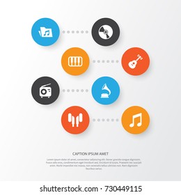 Music Icons Set. Collection Of Octave, Earmuff, Tuner And Other Elements. Also Includes Symbols Such As Earmuff, Dossier, Instrument.