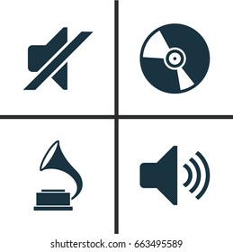 Music Icons Set. Collection Of Phonograph, Sound, Silence And Other Elements. Also Includes Symbols Such As Antique, Volume, Mute.