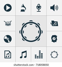 Music Icons Set. Collection Of Phonograph, Mike, Equalizer And Other Elements. Also Includes Symbols Such As Vinyl, Percussion, Volume.