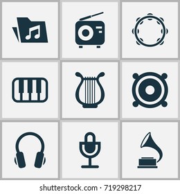Music Icons Set. Collection Of Phonograph, Megaphone, Lyre And Other Elements. Also Includes Symbols Such As Dossier, Music, Mike.