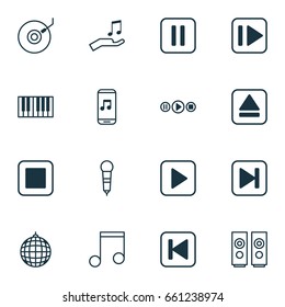 Music Icons Set. Collection Of Record Player, Start Song. Also Includes Symbols Such As Next, Microphone, Forward.