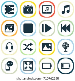 Music Icons Set. Collection Of Slow Forward, Musical Note, Headset And Other Elements. Also Includes Symbols Such As Tablet, Mobile, Gallery.