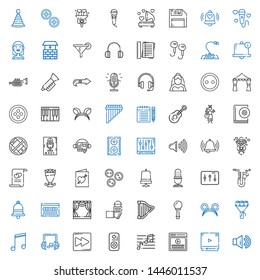 music icons set. Collection of music with sound, video player, video, note, speaker, fast forward, headphones, musical note, bouquet, ears. Editable and scalable music icons.
