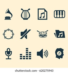 Music Icons Set. Collection Of Sound, Octave, Mike And Other Elements. Also Includes Symbols Such As Folder, Microphone, Equalizer.