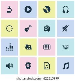 Music Icons Set. Collection Of Sound, Equalizer, Cd And Other Elements. Also Includes Symbols Such As Play, Earphone, Gramophone.