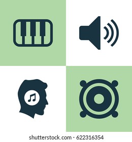 Music Icons Set. Collection Of Sound, Megaphone, Meloman And Other Elements. Also Includes Symbols Such As Sound, Loudspeaker, Piano.