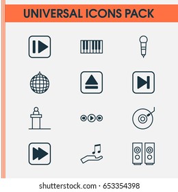 Music Icons Set. Collection Of Sound Box, Following Song, Note Donate And Other Elements. Also Includes Symbols Such As Forward, Gramophone, Rostrum.