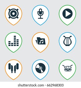 Music Icons Set. Collection Of Start, Equalizer, Lyre And Other Elements. Also Includes Symbols Such As Music, Mike, Megaphone.