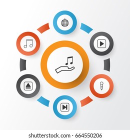 Music Icons Set. Collection Of Start Song, Note, Dance Club And Other Elements. Also Includes Symbols Such As Mike, Disco, Sell.