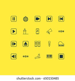 Music Icons Set. Collection Of Stop Button, Run Song Back, Last Song And Other Elements. Also Includes Symbols Such As Hailer, Donate, Forward.