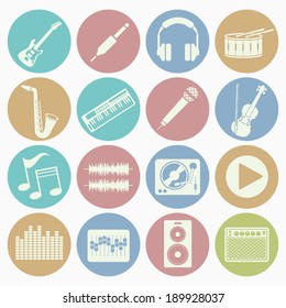 music icons set with color background