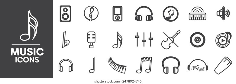 Music Icons Set, Containing All Music Icons Outlines, Vector Illustration Collection Editable eps10