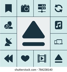 Music icons set with datacenter, devices, backward and other camera elements. Isolated vector illustration music icons.