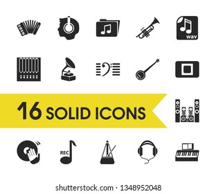 Music icons set with dj, mixer and headphone elements. Set of music icons and meloman concept. Editable vector elements for logo app UI design.