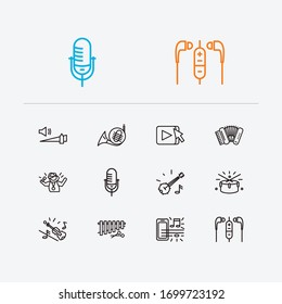 Music icons set. Drums and music icons with accordion, music on phone and french marine. Set of vintage for web app logo UI design.