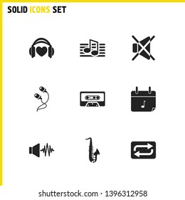 Music icons set with earphone, calendar with music note and favorite song elements. Set of music icons and love music concept. Editable vector elements for logo app UI design.