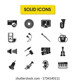 Music icons set with earphone, guitar and adapter cable elements. Set of music icons and bugle concept. Editable vector elements for logo app UI design.