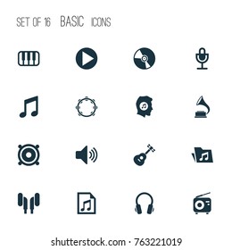 Music icons set with earphone, tuner, earmuff and other octave elements. Isolated vector illustration music icons.