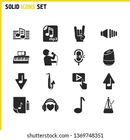 Music icons set with favorite song, saxophone and low volume elements. Set of music icons and music document concept. Editable vector elements for logo app UI design.