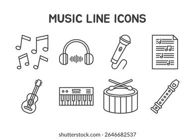 Music Icons Set featuring 8 editable line icons in a clean, minimal style. Ideal for use in music education, concert posters, apps, planners, and creative projects related to sound and performance.