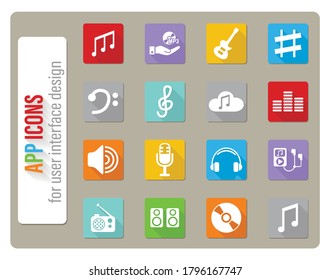 music icons set in flat design with long shadow
