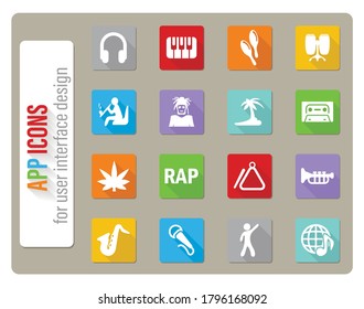music icons set in flat design with long shadow
