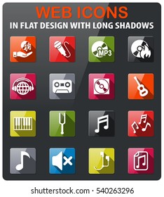music icons set in flat design with long shadow