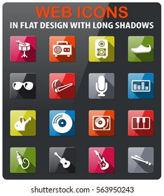 music icons set in flat design with long shadow