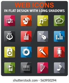 music icons set in flat design with long shadow