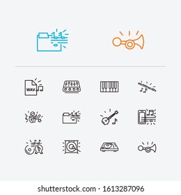 Music icons set. Music folder and music icons with claxon, music hit and mixer. Set of directory for web app logo UI design.