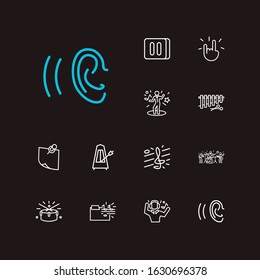 Music icons set. Music folder and music icons with pause button, ear and drums. Set of gesture for web app logo UI design.