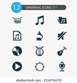 Music icons set with gramophone, harp, mute and other lyre elements. Isolated vector illustration music icons.
