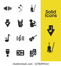 Music icons set with hand horns, djembe, treble clef elements. Set of music icons and bongo concept. Editable vector elements for logo app UI design.