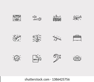 Music icons set. High volume and music icons with piano, treble clef and concert stage. Set of tech for web app logo UI design.