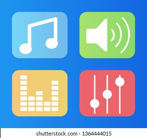 Music icons set, isolated signs loudspeaker and note flat style. Audio and interactive services options, buttons for navigation in digital center and tv