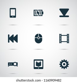 Music icons set with learning, arrow down, projector and other film elements. Isolated vector illustration music icons.