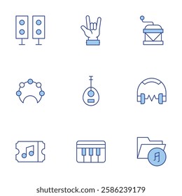 Music icons set. Line Duotone style, editable stroke. music, music folder, concert, laud, hand, tambourine, music box, speaker.