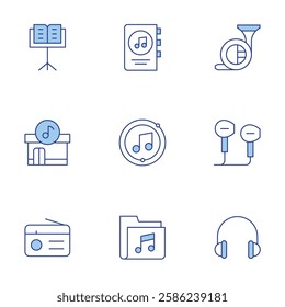 Music icons set. Line Duotone style, editable stroke. book, headphones, store, radio, french horn, music folder, music note, music stand.