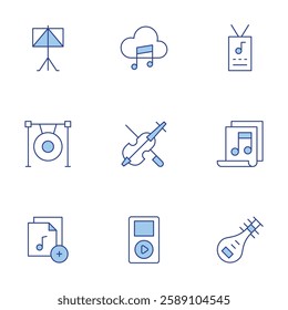Music icons set. Line Duotone style, editable stroke. violin, musical composition, music player, music stand, music cloud, staff, add, musical instrument, gong.