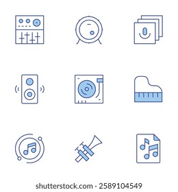 Music icons set. Line Duotone style, editable stroke. sound system, bass drum, turntable, library, studio mixer, trumpet, score, grand piano, music.