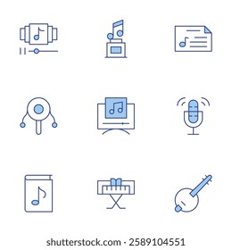 Music icons set. Line Duotone style, editable stroke. playlist, trophy, banjo, music player, rattle drum, record, music, piano, music sheet.