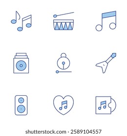 Music icons set. Line Duotone style, editable stroke. music, moktak, music album, electric guitar, musical note, speaker, drum.