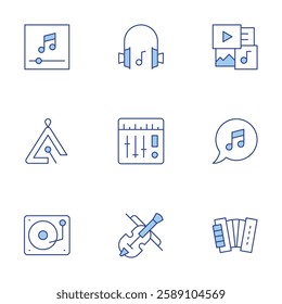 Music icons set. Line Duotone style, editable stroke. accordion, multimedia, fiddle, triangle, mixer, music player, music mixer, bubble, music headphones.