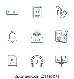 Music icons set. Line Duotone style, editable stroke. bell, music, live, headphones, music file, sheet, player, saxophone.