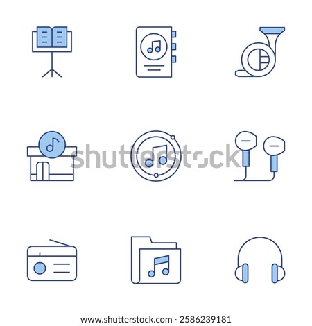 Music icons set. Line Duotone style, editable stroke. book, headphones, store, radio, french horn, music folder, music note, music stand.