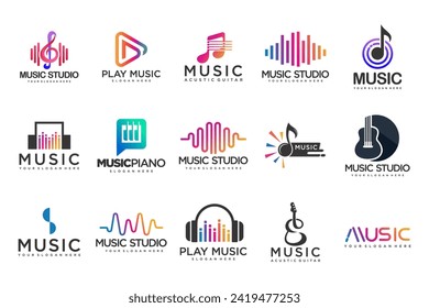 Music icons set logo with musical notes and audio wave .music festival. Vector Illustration.