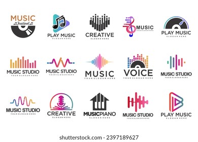 Los iconos de la música establecen logotipos con notas musicales y ondas de audio. Festival de música. Ilustración vectorial.