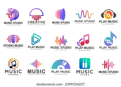 Music icons set logos with musical notes and audio wave . Music festival . Vector Illustration
